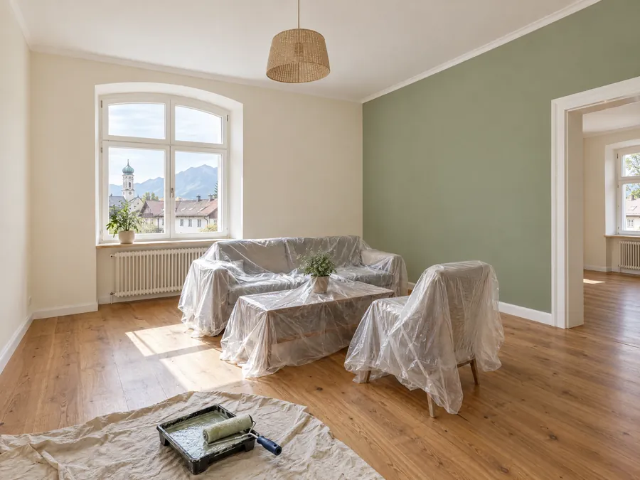 Frisch gestrichenes Wohnzimmer mit salbeigrüner Akzentwand