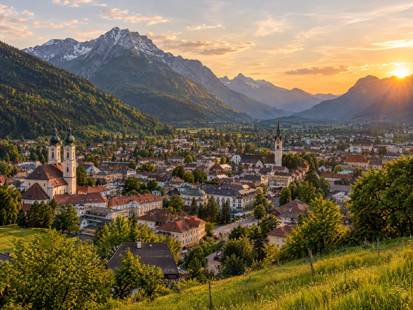 Blick über Bad Reichenhall und die Berchtesgadener Alpen im Abendlicht